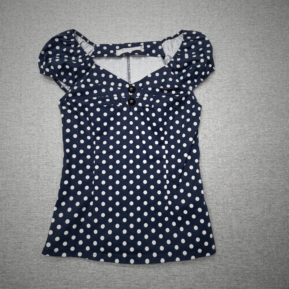 Meaneor Navy Blue White Polka Dot Pin Up Top Sweetheart Puff Sleeve Side Zip‎ S